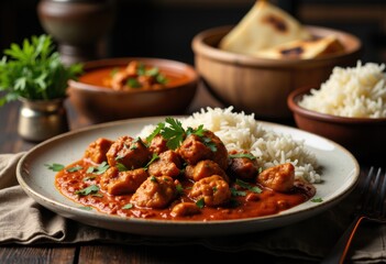 Fototapeta premium Delicious Indian chicken curry served with white rice and naan bread on a rustic wooden table