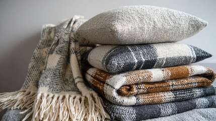 Stacked cushions and folded woven blankets in neutral tones create a cozy and textured arrangement, perfect for home decor and comfort