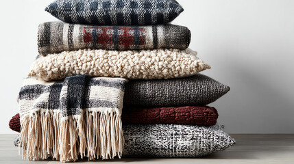 Stack of cozy textured blankets and pillows with various patterns and neutral tones on a wooden surface against a plain white background