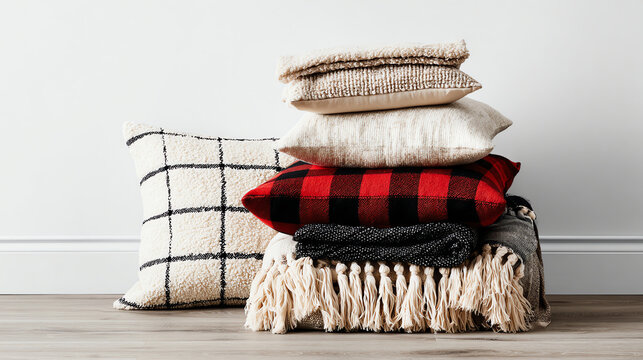 Stacked cozy pillows and folded blankets with textured fabrics and patterns rest on a wooden floor against a plain white wall, evoking warmth and comfort in home decor - Powered by Adobe