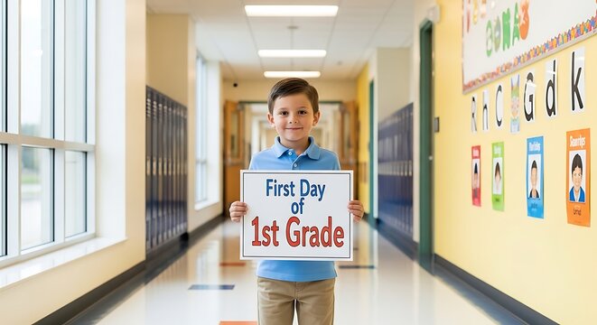 A young boy holds a first day of grade sign in a school hallway with lockers and classroom decor