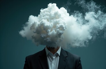 A man in a suit with a cloud of smoke replacing his head creates a surreal visual effect