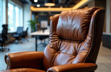 Fototapeta premium Luxurious brown leather office chair in modern conference room setting
