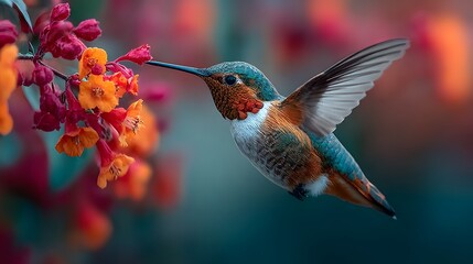 Obraz premium Hummingbird Hovering Near Flowers: A hummingbird gracefully hovers near vibrant blossoms, with wings a blur of motion. The image captures a perfect moment in nature.