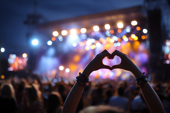 Hands forming a heart shape at a vibrant, colorful concert with stage lights and a blurred crowd enjoying the lively music event in the background