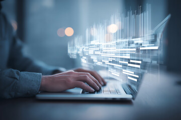 A person typing on a laptop with digital data visualizations and charts emerging from the screen, symbolizing data analysis and technology in a modern workspace
