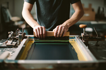 A person uses a squeegee to spread ink evenly across a screen in a screen printing process, focusing on precise application during the craft