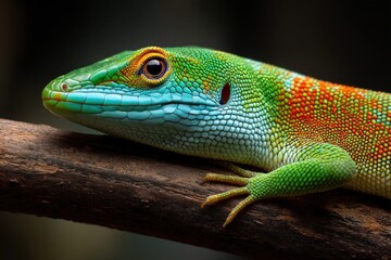 Fototapeta premium A close-up of a vibrant green and orange gecko resting on a branch against a dark background.