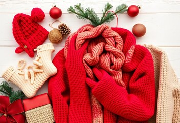 Cozy winter fashion items in red and beige for online Christmas shopping sale,  top view,  fashion