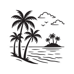 a tropical beach scene with three palm trees