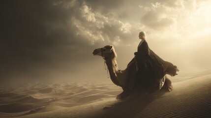 A person in traditional attire rides a camel through vast desert dunes under dramatic, cloudy skies with golden sunlight breaking through.