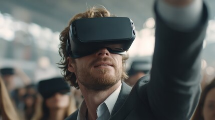 A man wearing a virtual reality headset interacts with the digital world in a crowded indoor setting.
