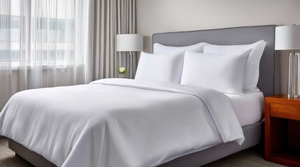 A neatly made modern bed with white linens, pillows, and a gray headboard, flanked by two lamps and a wooden nightstand in a bright, cozy bedroom.