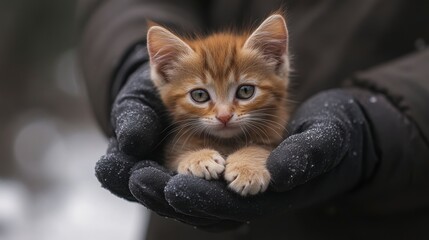Small ginger kitten nestled in gloved hands outdoors in winter.