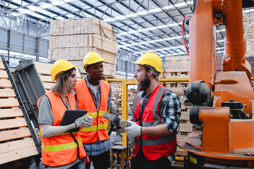 Diverse team of industrial workers wearing helmets and safety vests standing near robotic arm, reviewing data on digital tablets inside smart pallet manufacturing facility. The scene reflects teamwork