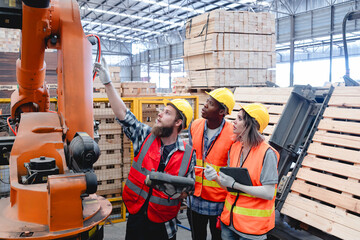 Diverse team of industrial workers wearing helmets and safety vests standing near robotic arm, reviewing data on digital tablets inside smart pallet manufacturing facility. The scene reflects teamwork