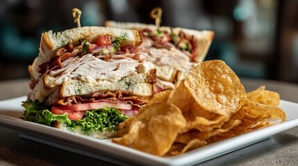 Club sandwich stacked with turkey bacon lettuce tomato and mayo served with kettle chips