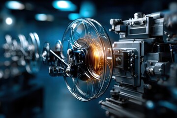 Obraz premium Film reel in motion inside a vintage film projector during an evening show