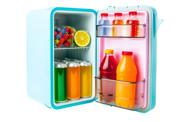 Mini Fridge Filled with Colorful Drinks and Fruits