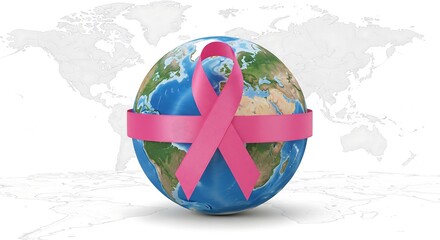 Pink ribbon encircles earth globe symbolizing global awareness for breast cancer support