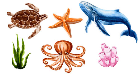 Set of sea animals, fish, and fauna