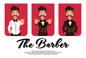 The Barber A stylish cartoon vector illustration of a barber in different poses Holding Scissors banner design