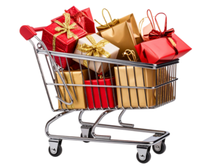 Tilted Shopping Cart with Tumbling Christmas Presents and Luxe Gift Bags, Dynamic Perspective, Transparent PNG