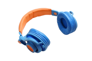 Blue and orange headphones floating on black background