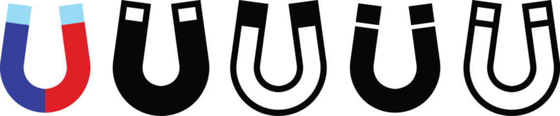 Magnet vector icon set, magnetic horseshoe symbol collection style group, electromagnet attraction force energy U shape silhouette bundle illustration