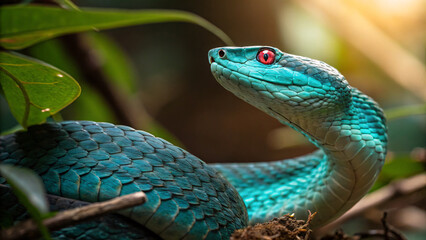 Green wild serpent slithers through dangerous grass, its scales and head visible in a close-up of this venomous reptile