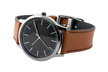 Elegant Mens Wristwatch Brown Leather Strap Black Face Silver Case
