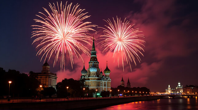 Fireworks illuminate the Moscow skyline over St. Basil's Cathedral at night