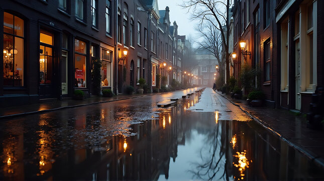 Rainy day reflection, Amsterdam street with reflections of lights and buildings