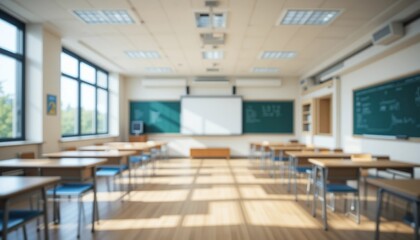 Spacious classrooms bathed in warm morning light, with neat wooden desks, large windows, green chalkboards, and a clean academic environment. Peaceful and ready to learn.