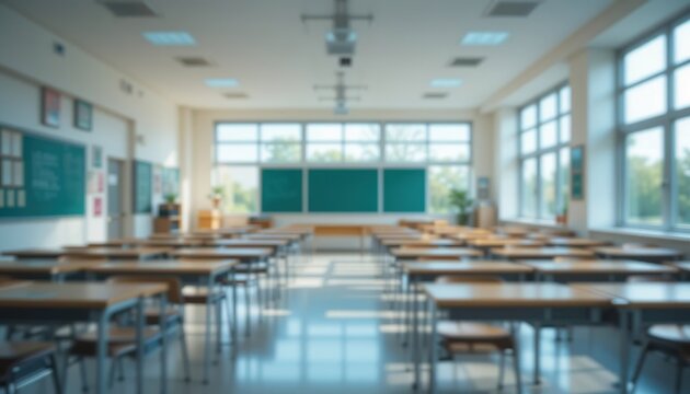 Spacious classrooms bathed in warm morning light, with neat wooden desks, large windows, green chalkboards, and a clean academic environment. Peaceful and ready to learn.