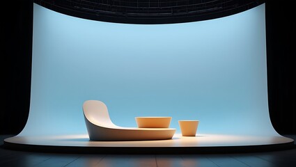 Minimalist studio setup featuring a curved white chair and two small wooden stools against a soft blue backdrop with dramatic lighting
