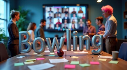 Bowling event with virtual participation modern office space team building activity interactive environment engaging perspective