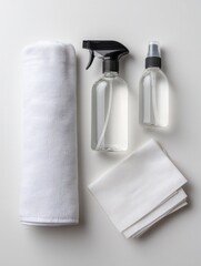 Obraz premium White towel, spray bottles, and napkins on gray background.