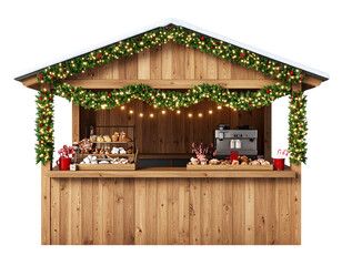 Traditional Wooden Christmas Market Stall with Garlands, Warm Lights, and Holiday Treats, Front View, Transparent PNG