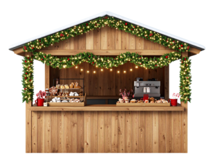 Traditional Wooden Christmas Market Stall with Garlands, Warm Lights, and Holiday Treats, Front View, Transparent PNG