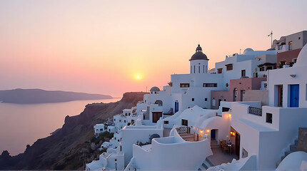 Fototapeta premium Santorini at Sunrise: Iconic White Buildings of Oia Bathed in Golden Light