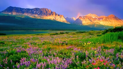 Field of wildflowers at glacier national park with majestic mountains as backdrop, perfect for naturethemed designs, travel blogs, and outdoor advertisements.