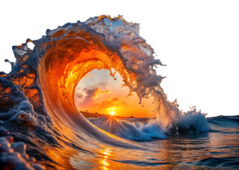 Golden sunset glow illuminates a powerful ocean wave breaking