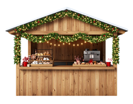 Traditional Wooden Christmas Market Stall with Garlands, Warm Lights, and Holiday Treats, Front View, Transparent PNG