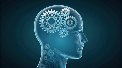 A digital illustration of a human head with mechanical gears inside, symbolizing thinking, cognition, and the integration of technology with the mind.