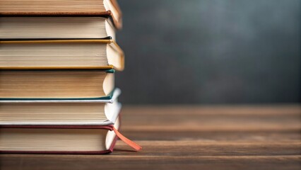 A stack of hardcover books with varied colored edges sits on a wooden surface against a blurred gray background.