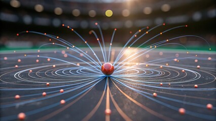 A detailed, artistic representation of an atomic or planetary model with a central red sphere and orbiting smaller spheres connected by luminous arcs.
