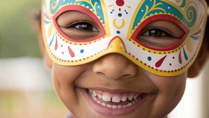 A child smiles brightly wearing a colorful, festive mask with intricate patterns and details, capturing joy and celebration.