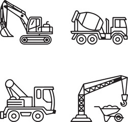 Naklejka premium Construction Vehicle Icons A collection of simple line drawings featuring an excavator cement truck crane truck and tower crane with wheelbarrow perfect for construction themes