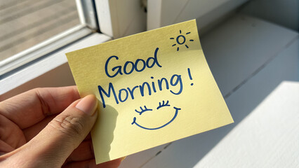 &ldquo;Good Morning!&rdquo; Handwritten Sticky Note with Smiley and Sun &ndash; Cheerful Start to the Day